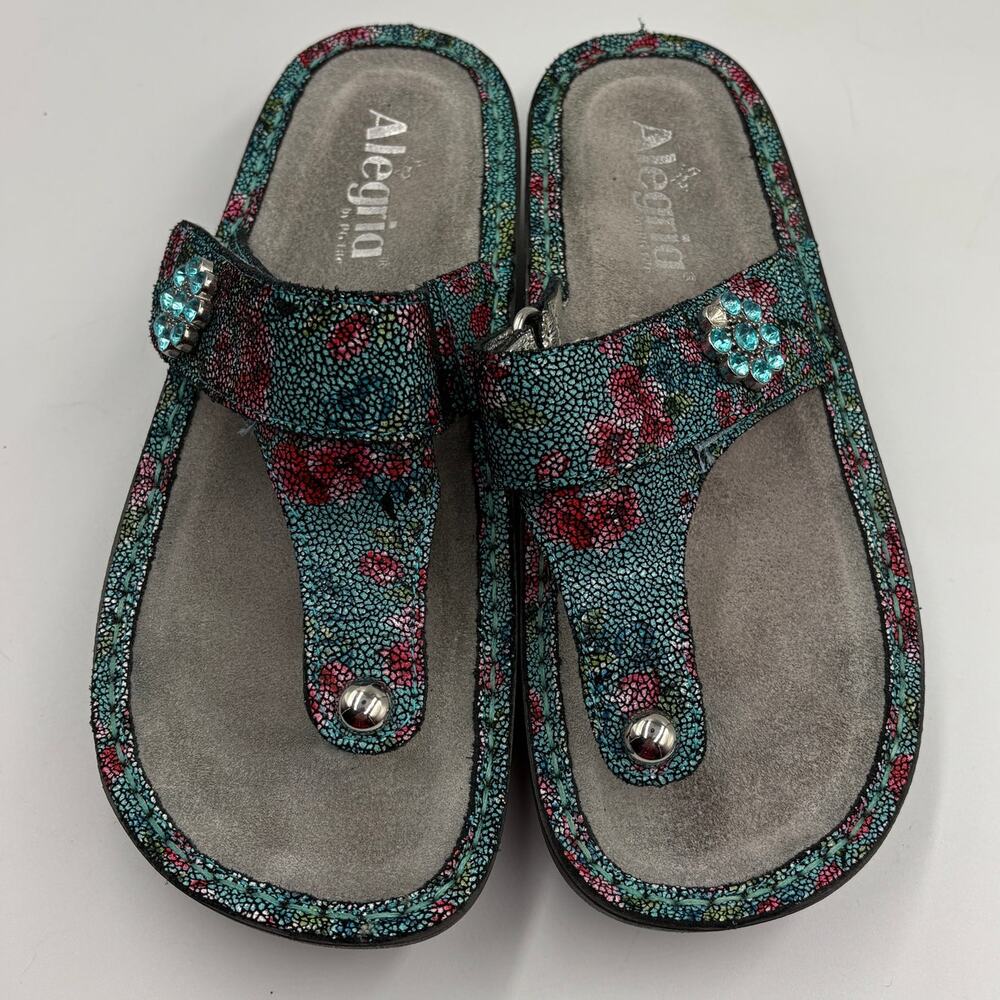 Alegria Carina Aqua Flora Leather Thong Sandals Shoes 36 6